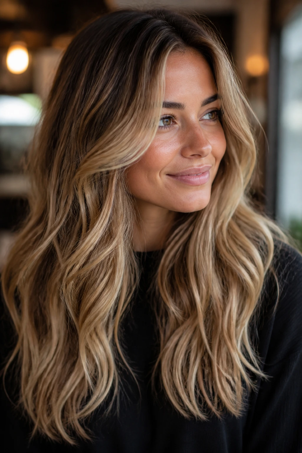 Close-up of real woman with toasted almond blonde long wavy hair in natural light