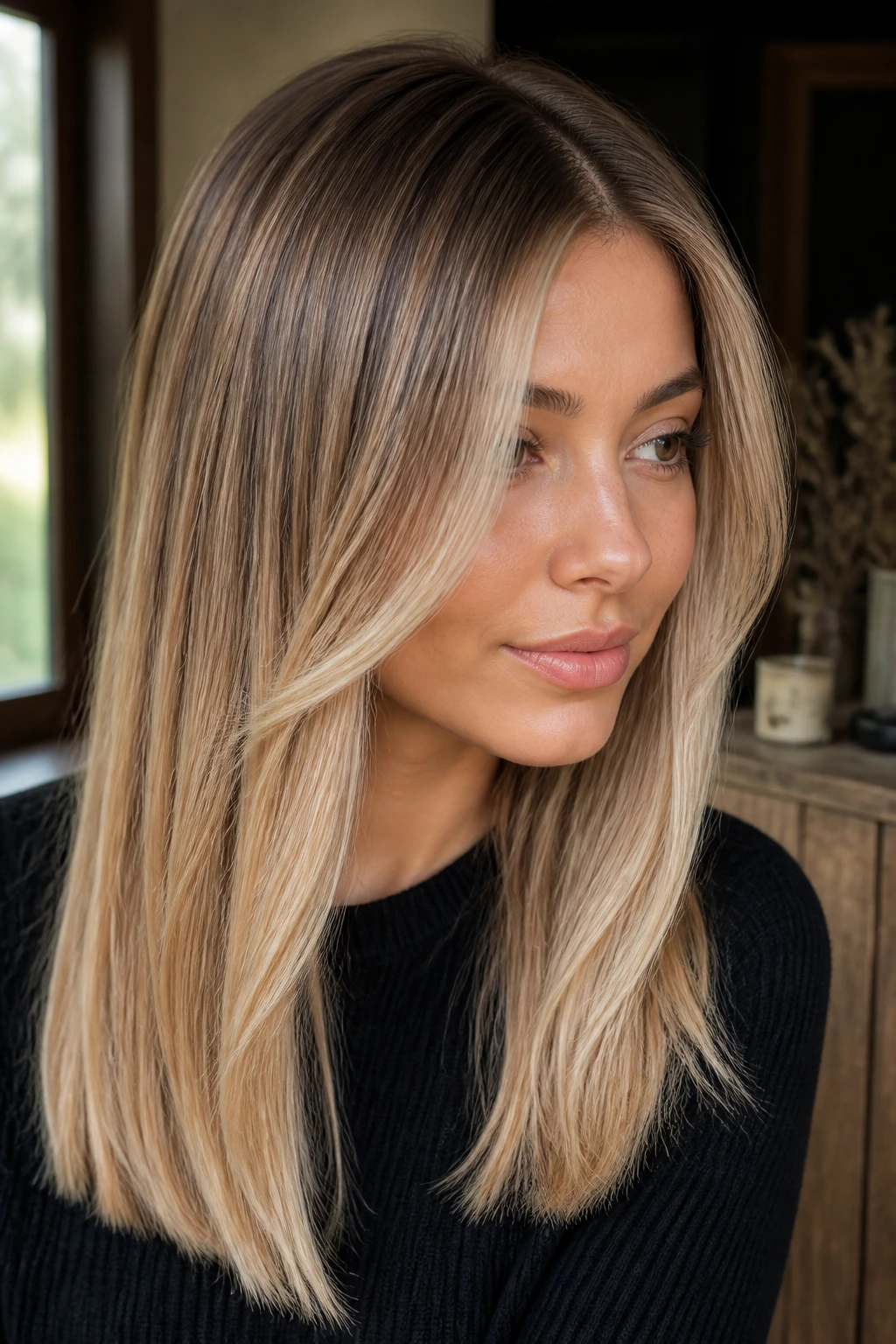Close-up of real person with toasted almond blonde and smudged roots