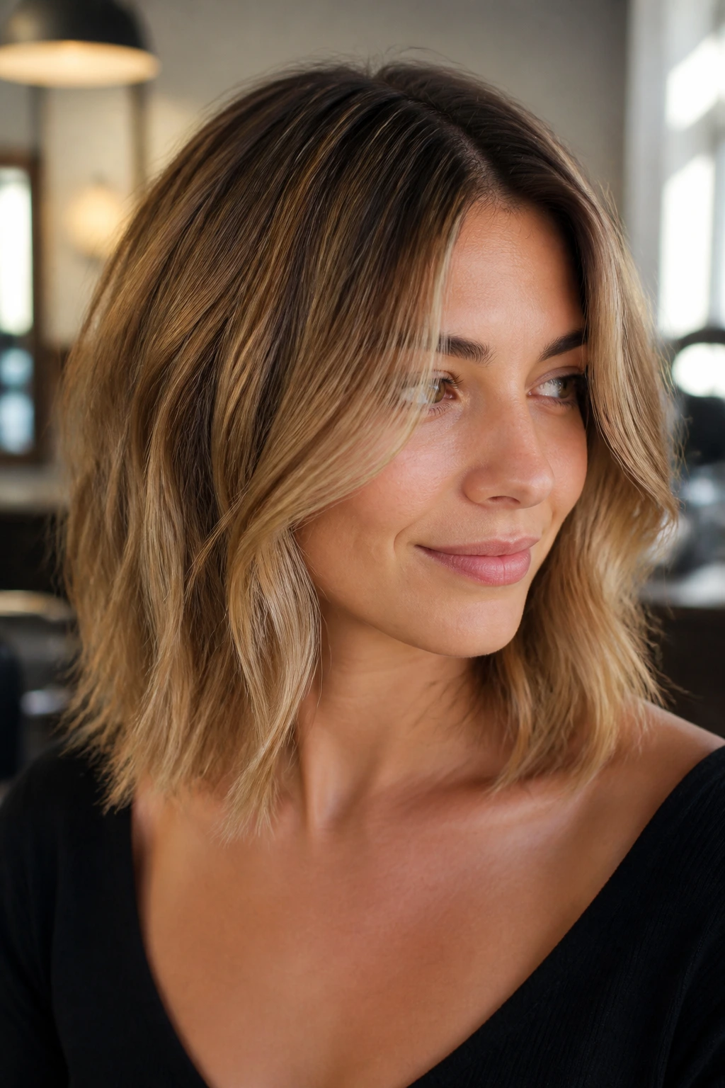 Close-up of a real woman with toasted almond blonde hair and warm dimension