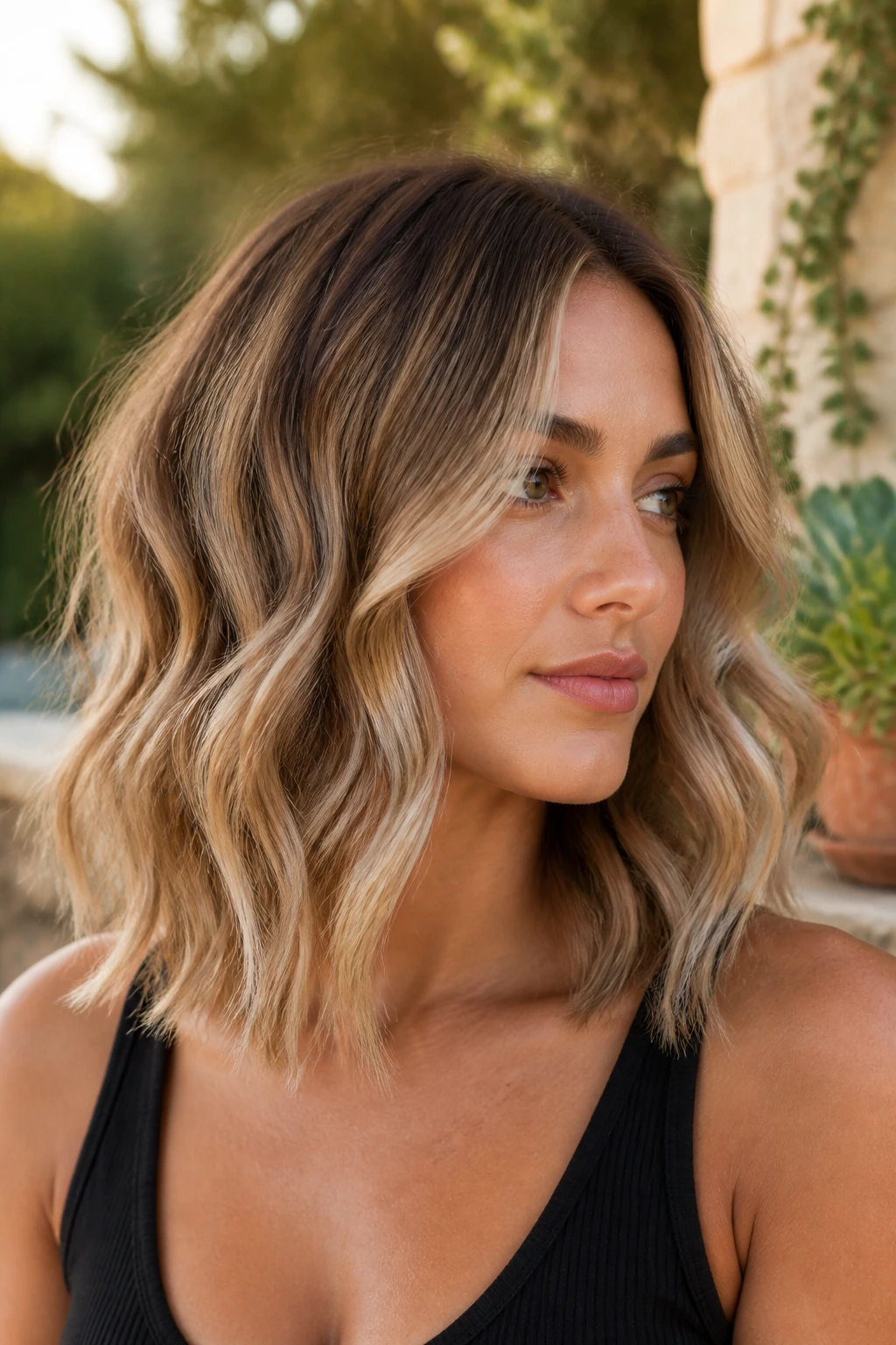 Real person with toasted almond blonde waves in golden hour light