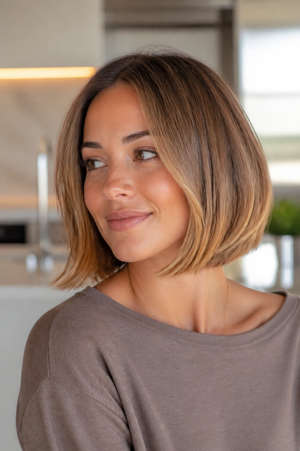 Close-up portrait of a real woman with a toasted almond bob under warm light