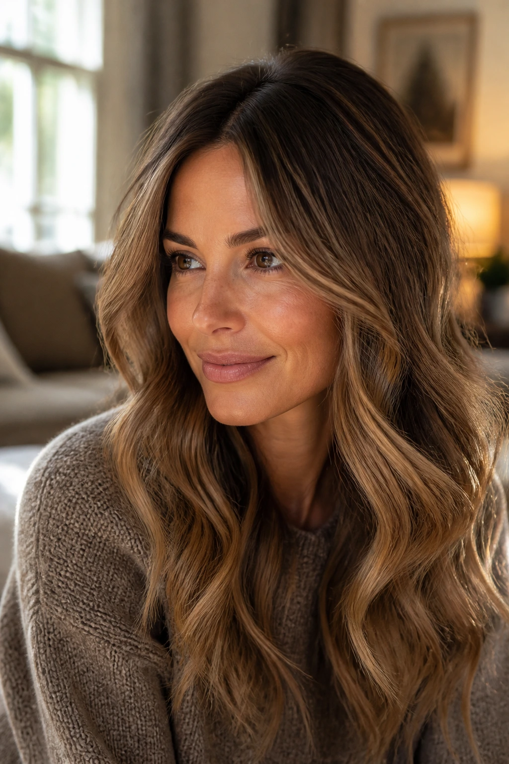 Close-up portrait of a woman with toasted almond bronde hair and warm caramel highlights.