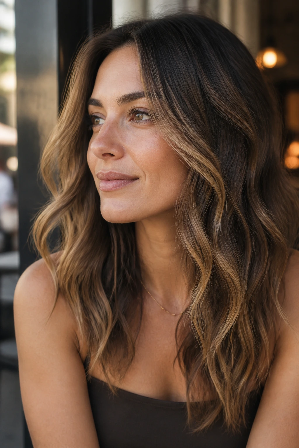 Close-up portrait of a real woman with toasted almond brunette tones in soft daylight