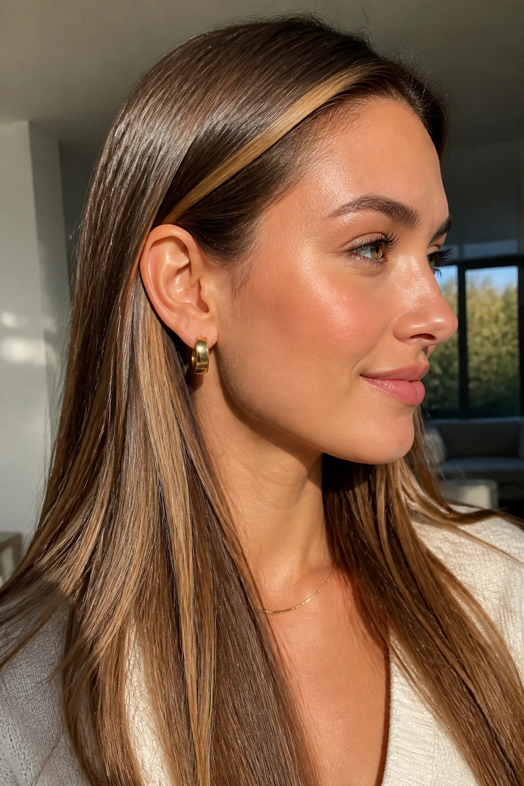 Close-up portrait of a real woman with toasted almond brunette hair