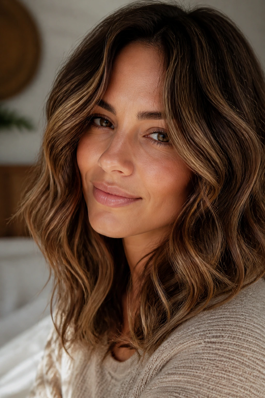 Toasted almond brunette with loose waves on a real woman in warm bedroom light