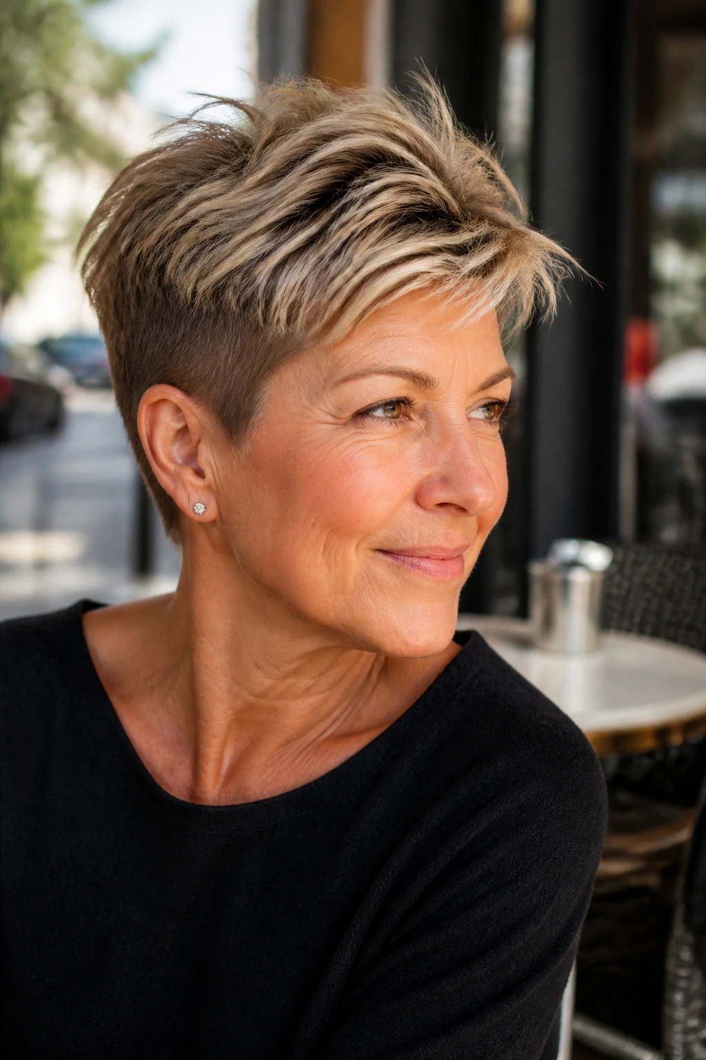 Real woman with toasted almond cropped hairstyle in warm afternoon light.