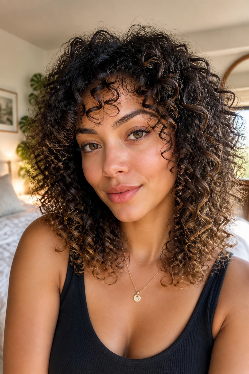 Close-up of curly hair with toasted almond ends and a dark crown.