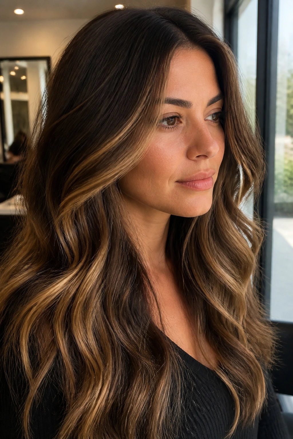 Close-up of a real woman with toasted almond foilyage on thick brunette hair in a salon-like setting