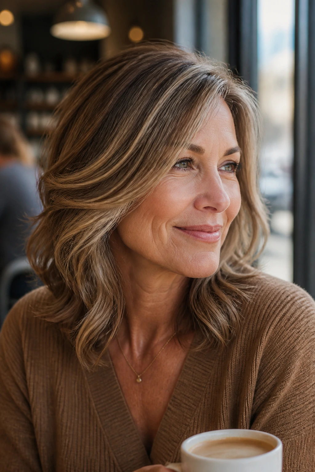 Close-up of a real woman with toasted almond highlights around the face.