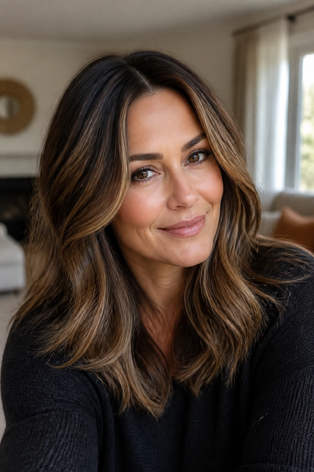 Close-up portrait of a woman with toasted almond highlights around the front and mid-lengths on dark brunette hair.