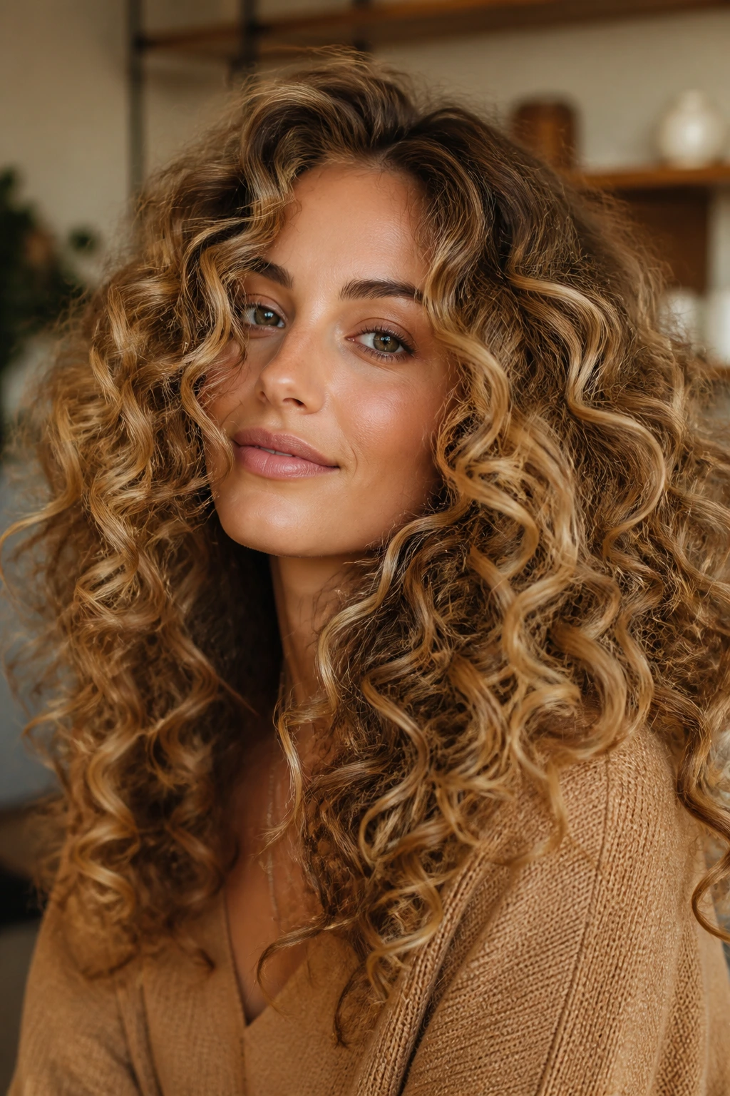 Portrait of big curls with toasted almond highlights on real person