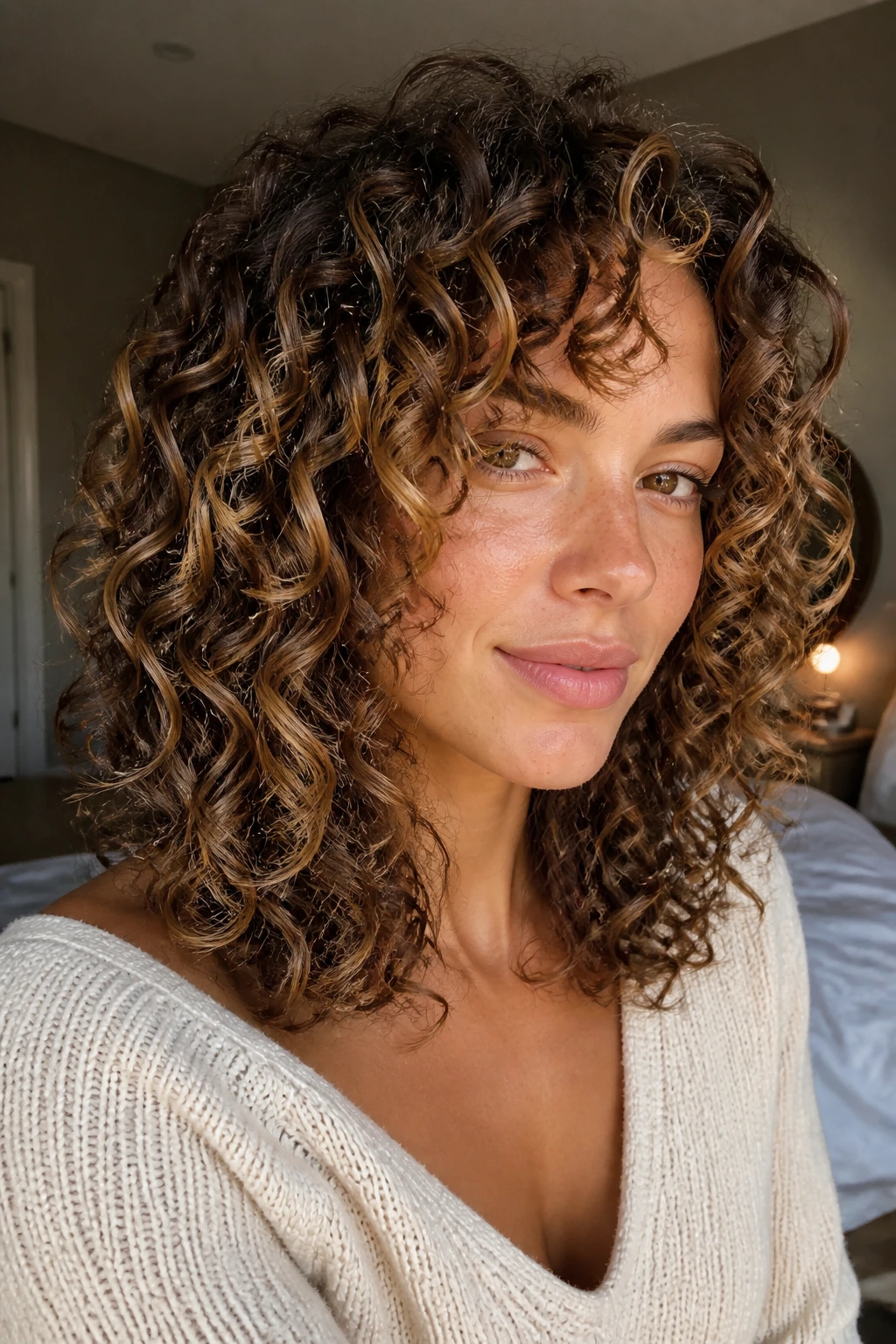 Close-up portrait of a real woman with toasted almond highlights on curly hair