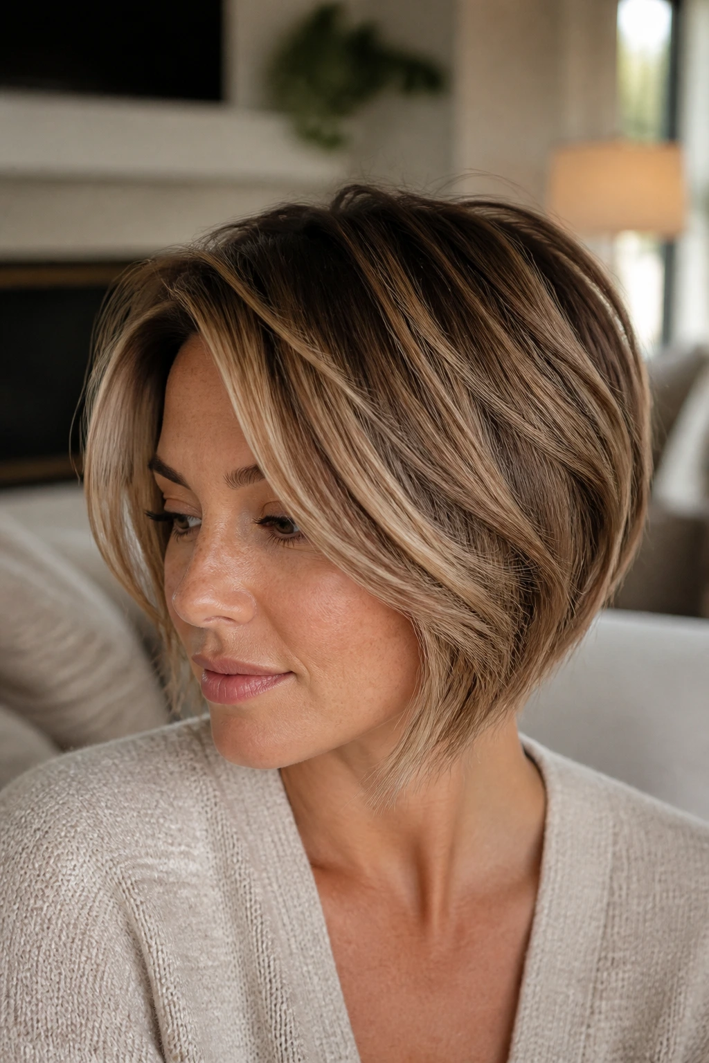 Close-up portrait of a real woman with toasted almond layers hairstyle.