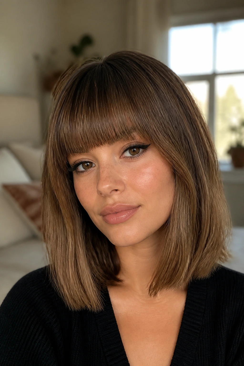 Close-up of a real woman with toasted almond lob and blunt bangs in warm brown tones