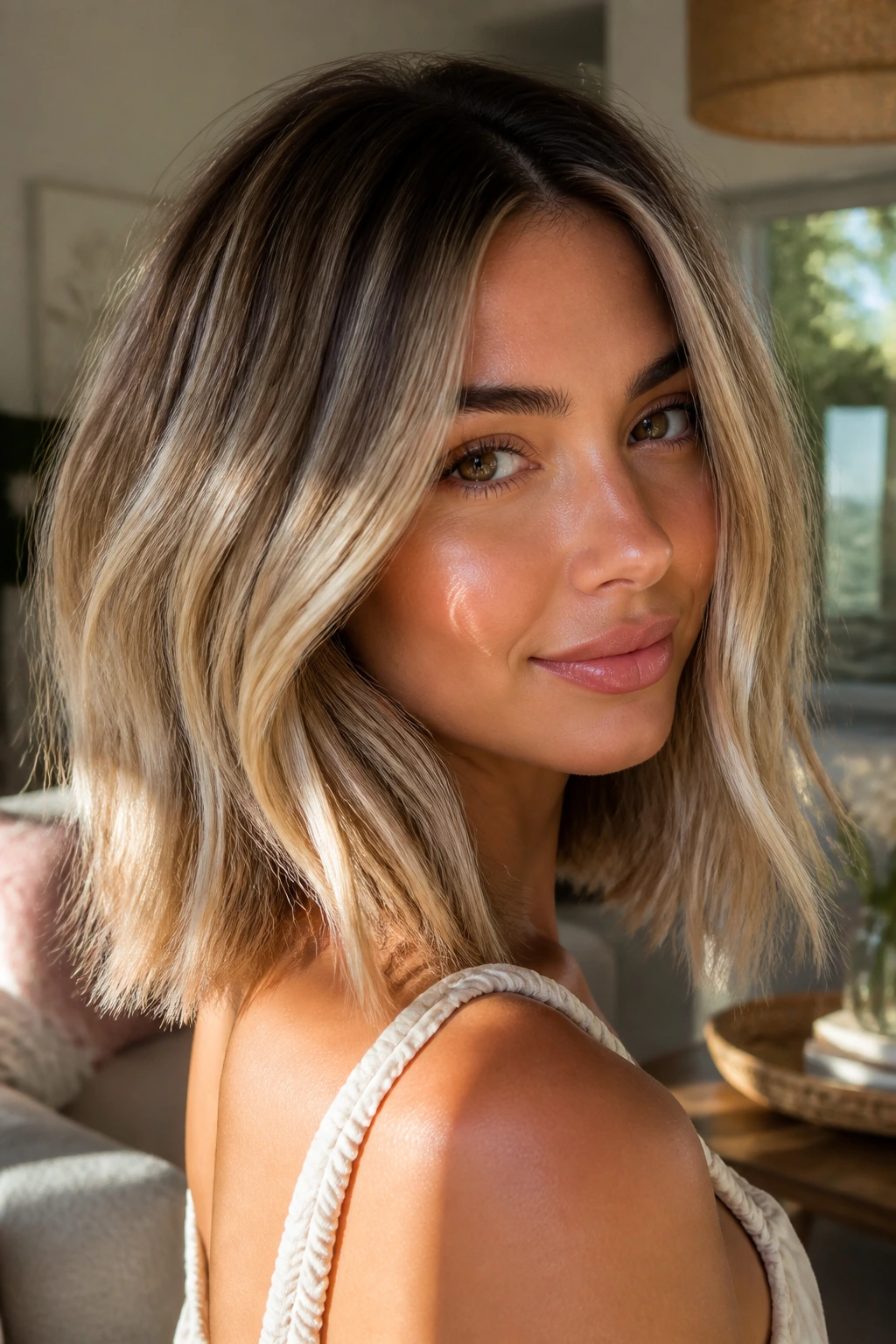 Close-up of a real person with a toasted almond lob and dimensional highlights in warm light.