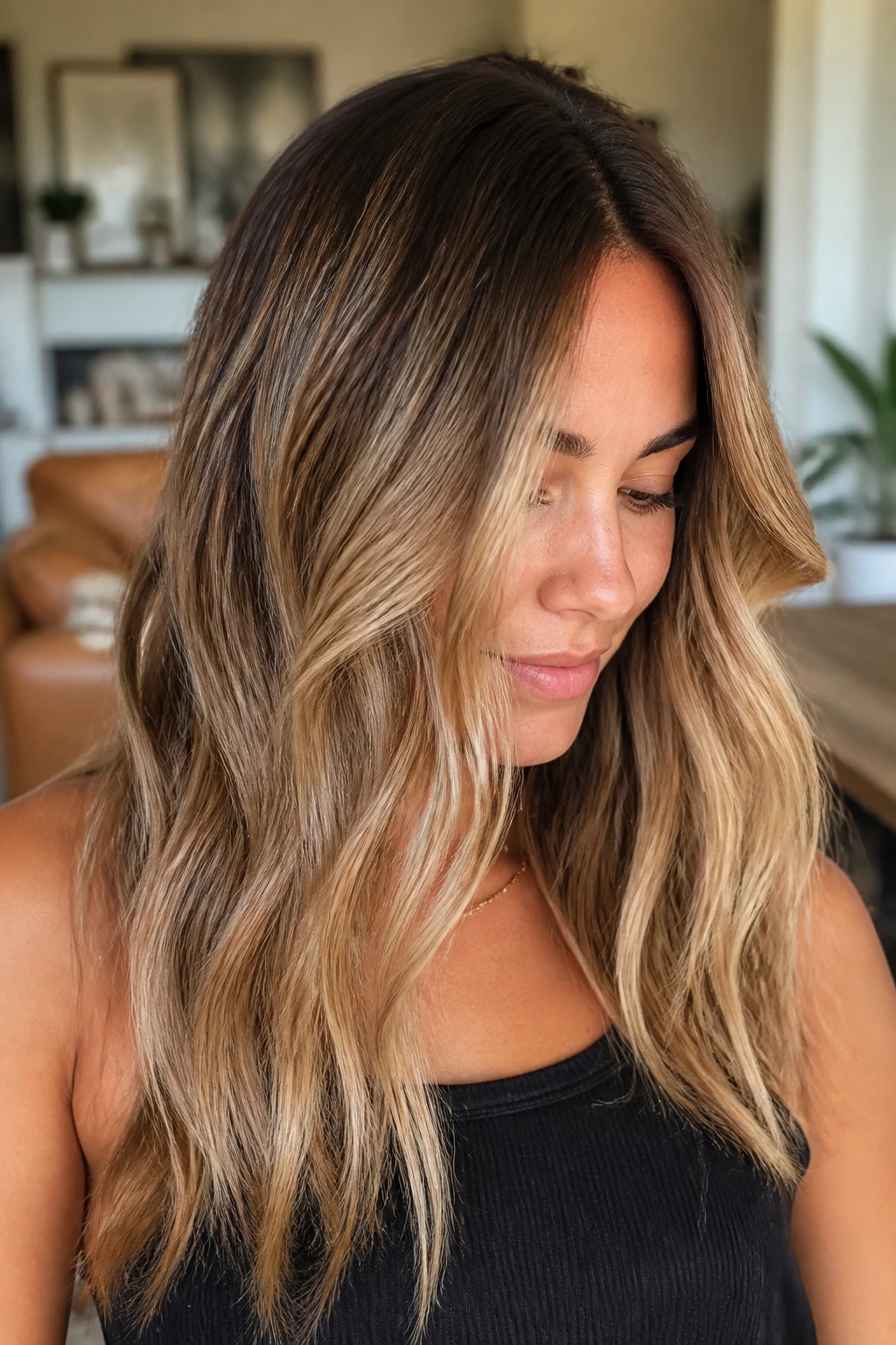 Hair color melt from root to almond mids to creamy ends.