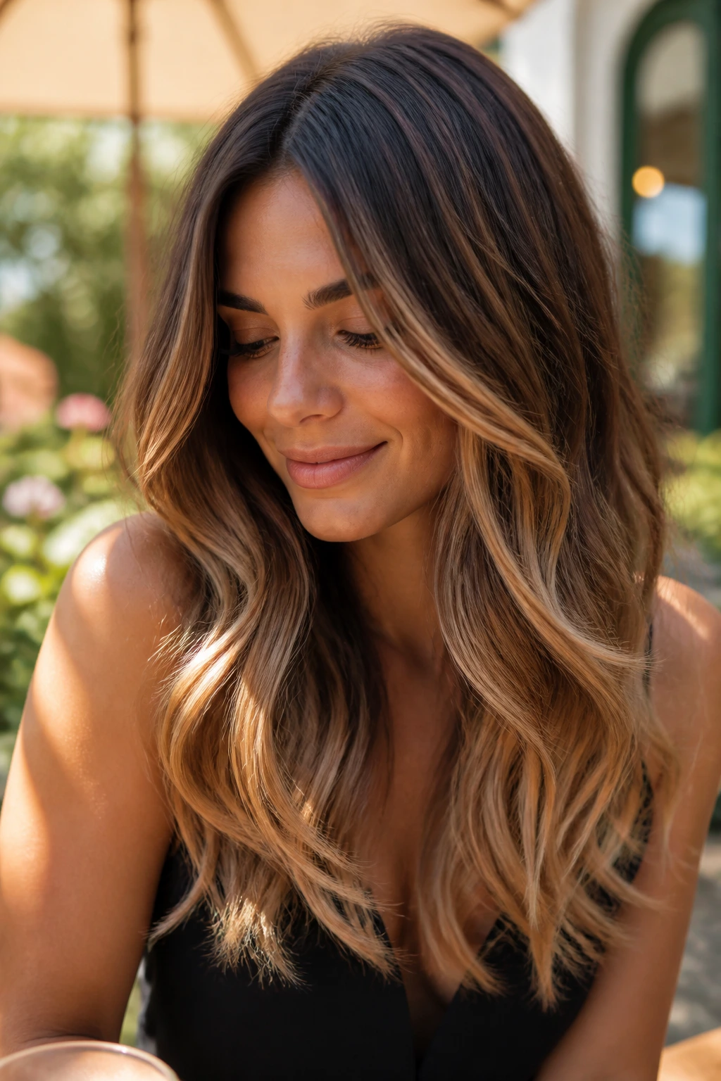 Close-up portrait of a real woman with toasted almond ombré from root to ends