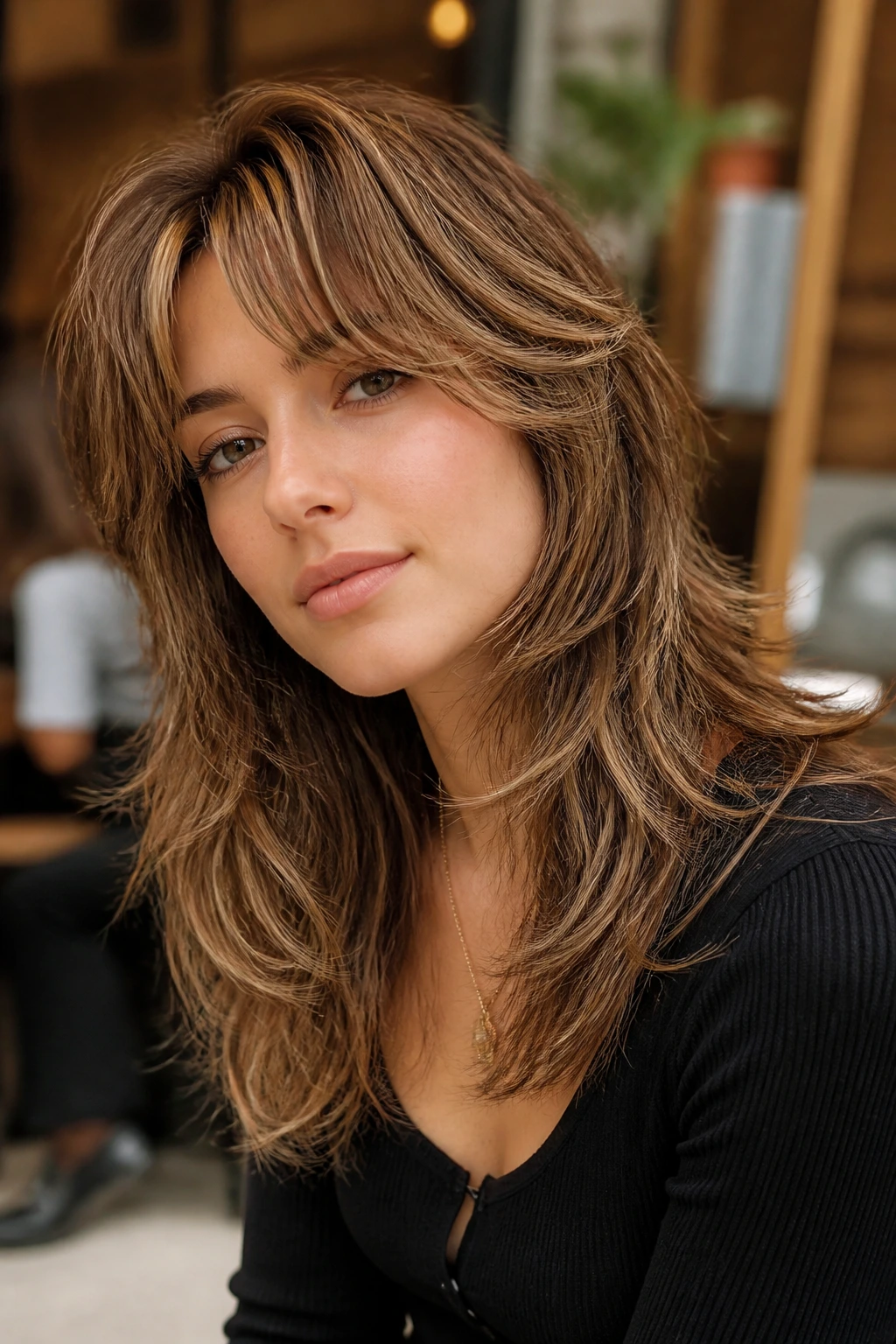 Close-up of a real person with toasted almond wolf cut and ribbon highlights