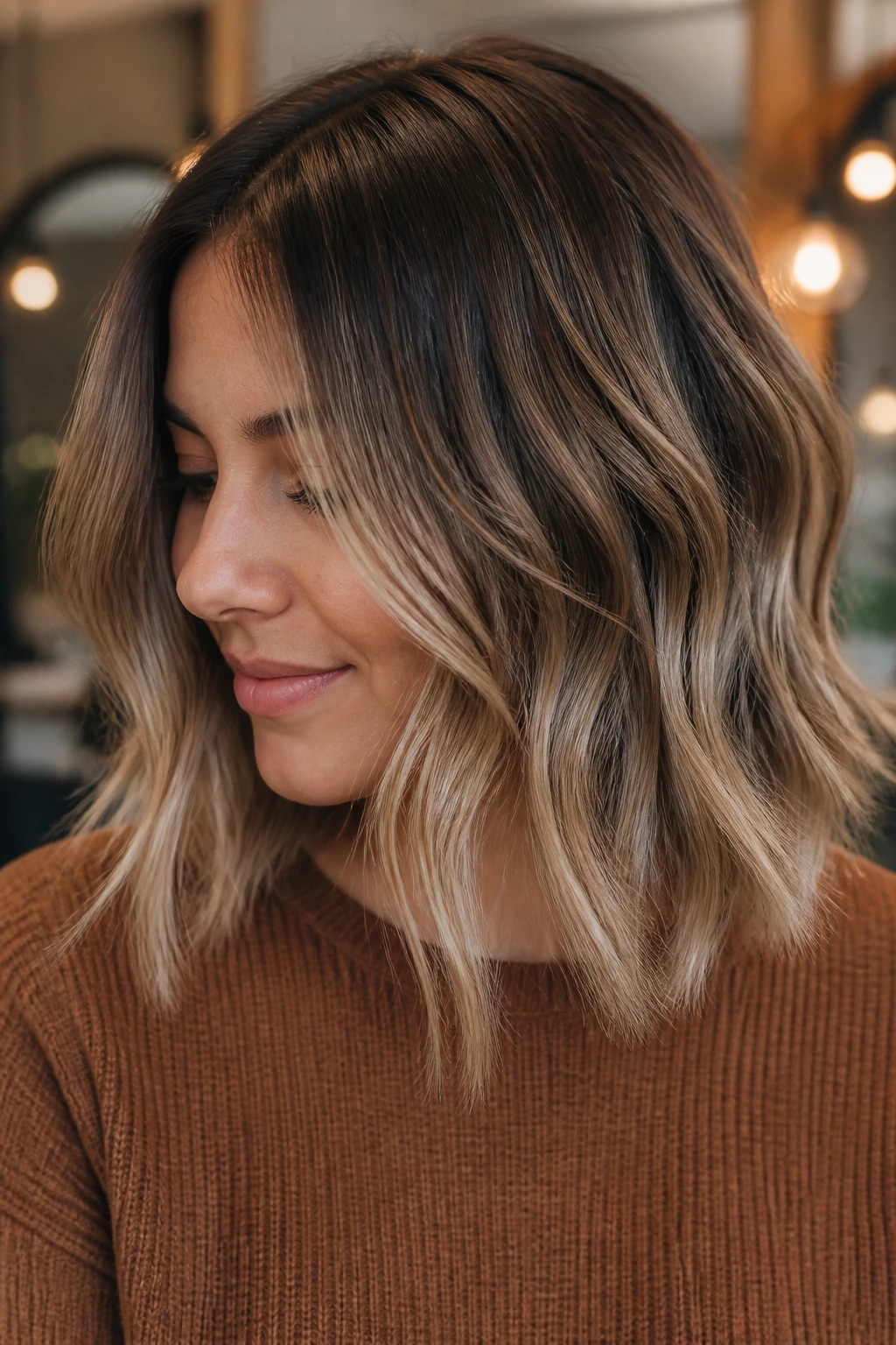 Close-up of a real woman with toasted almond smoke hair