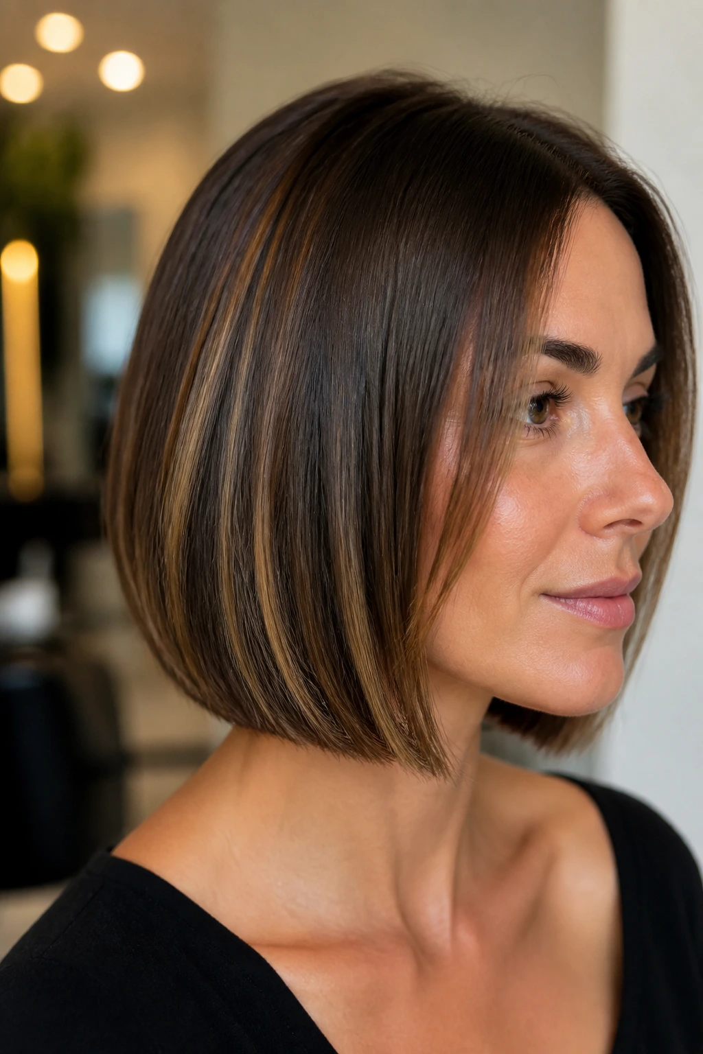 Real woman with toasted almond highlights on a sleek bob