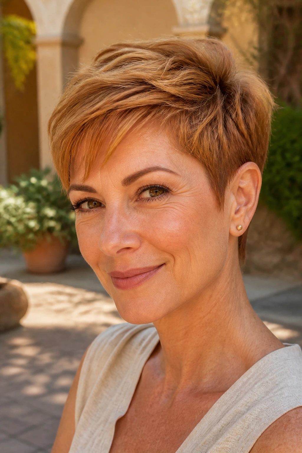 Portrait of a woman with a toasted amber pixie cut