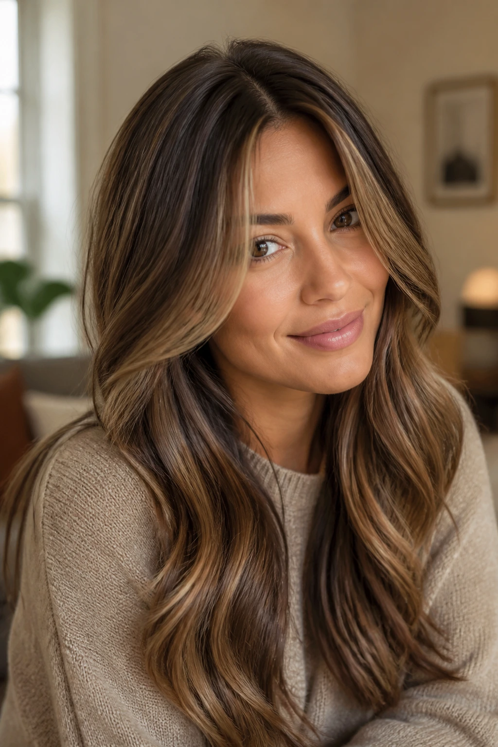 Real woman with toasted bronde blend hair showing honey ribbons
