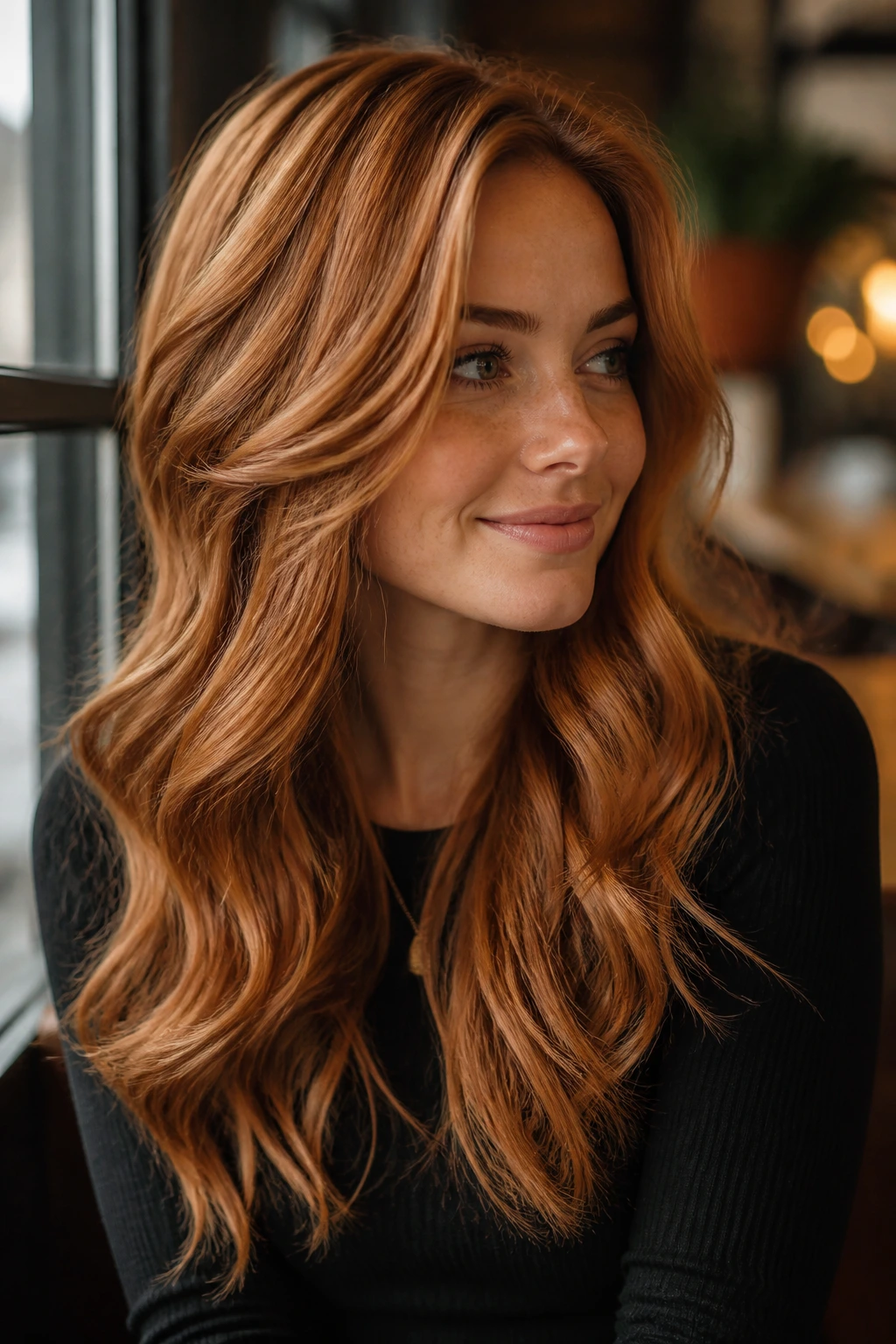 Close-up of a person with toasted cinnamon copper hair in warm indoor light