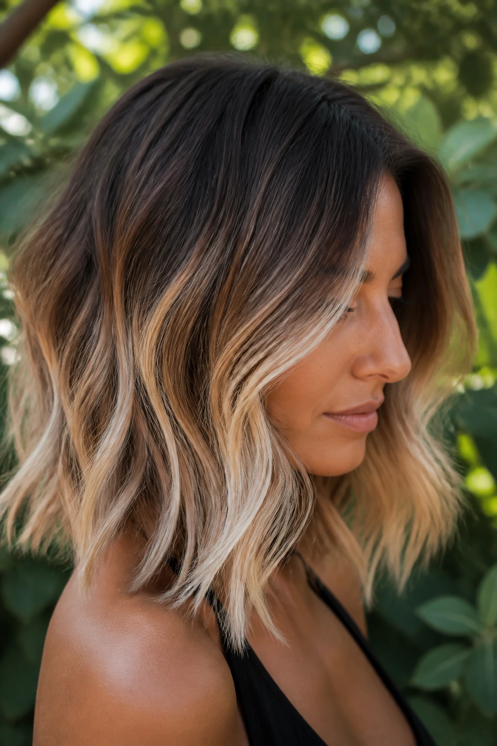 Close-up of a real woman with toasted coconut balayage from root to ends