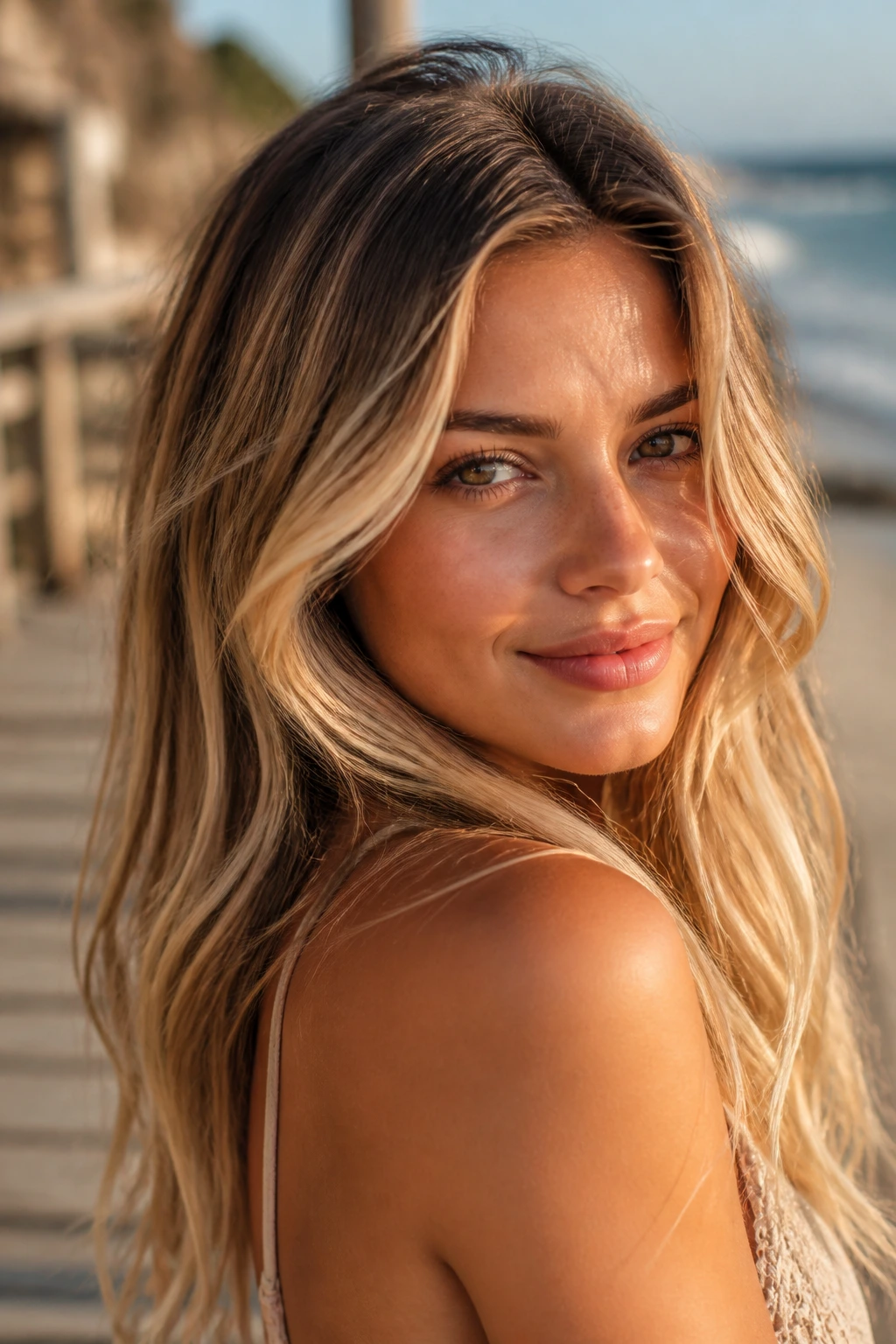 Close-up of a real woman with toasted coconut blonde hair at the beach.