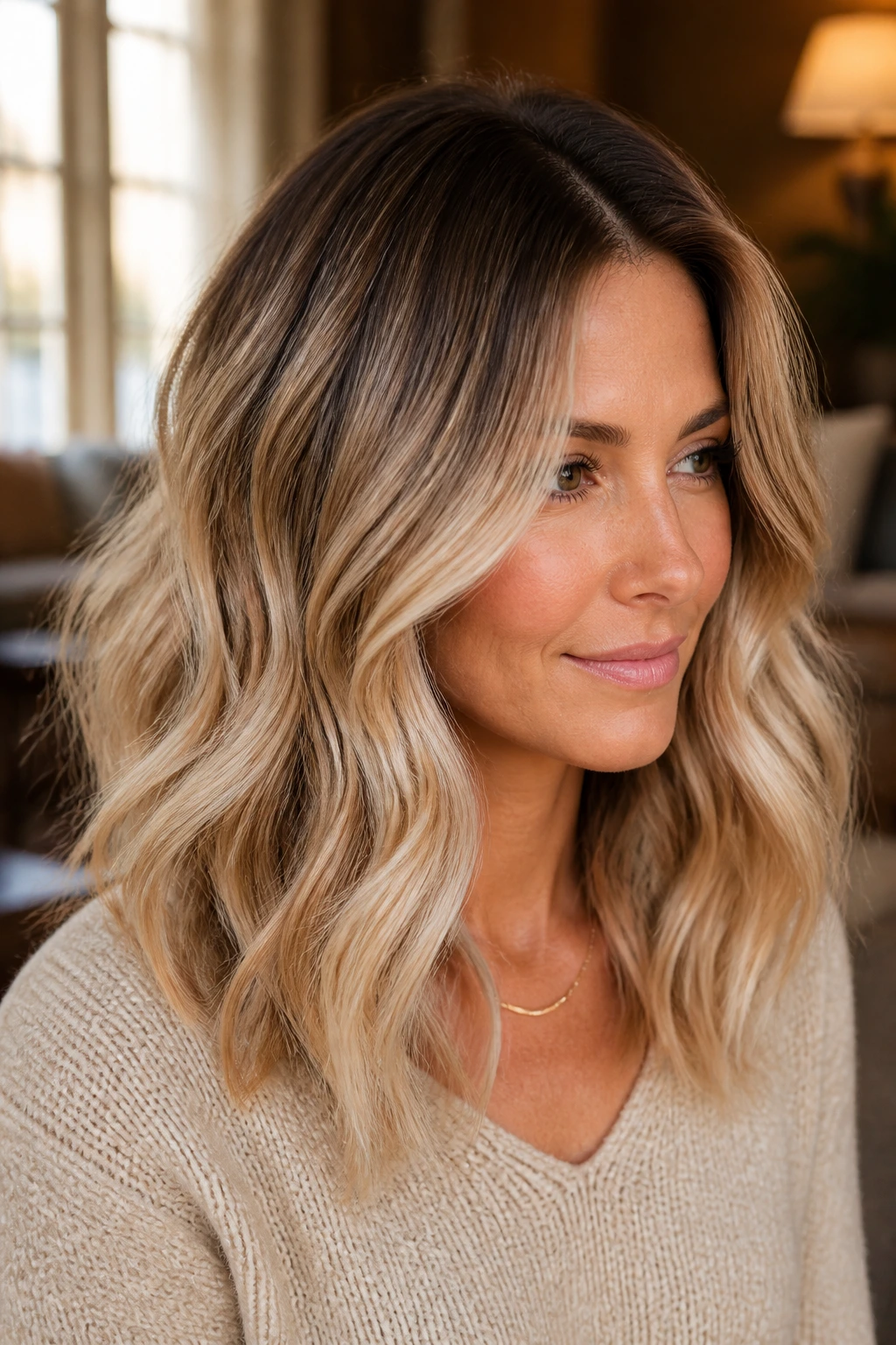 Close-up of real woman's hair showing toasted coconut blonde with darker depth