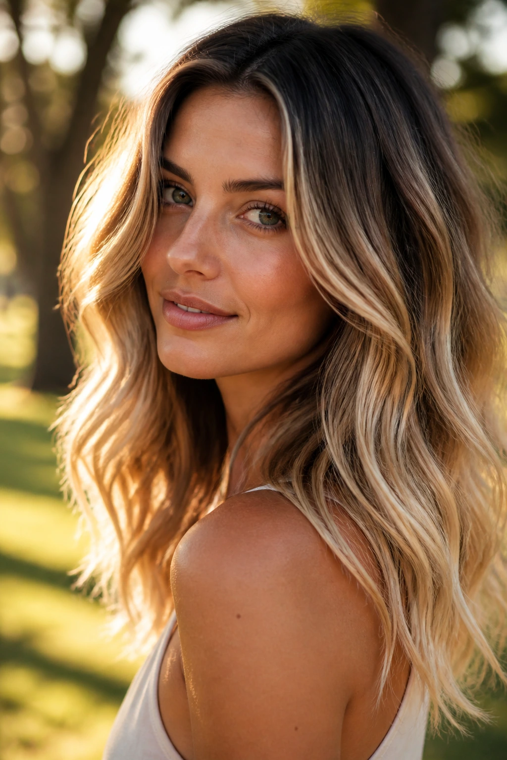 Close-up of a real woman with toasted coconut blonde hair showing dark roots and pale ends.