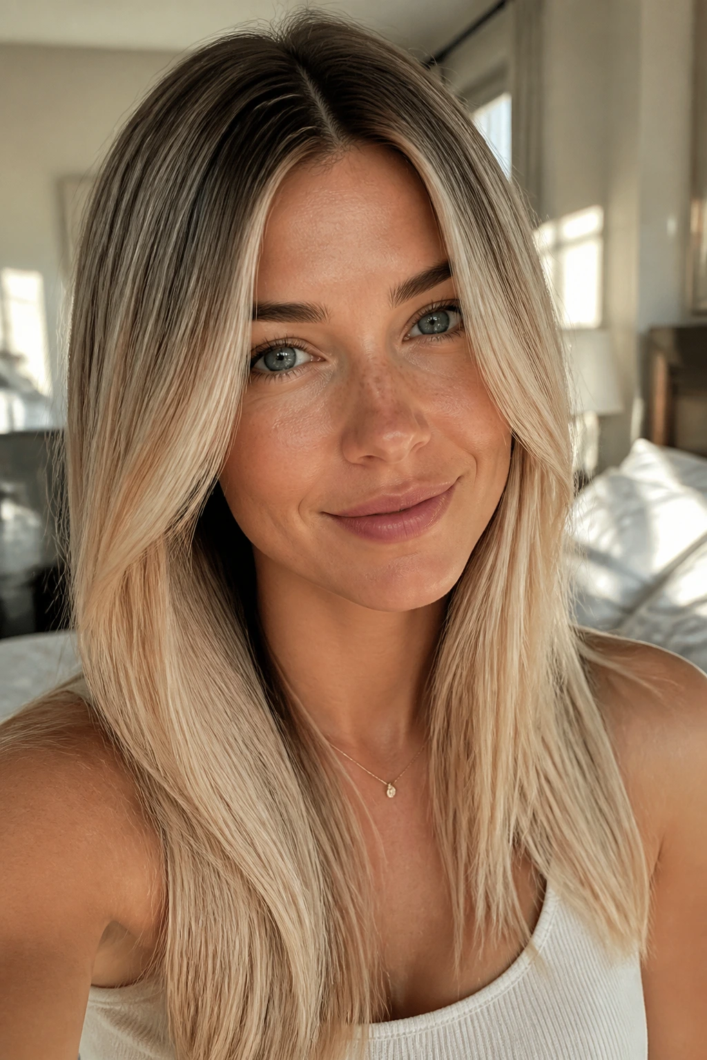 Close-up portrait of a real woman with toasted coconut blonde hair featuring a dark root and creamy lighter ends.