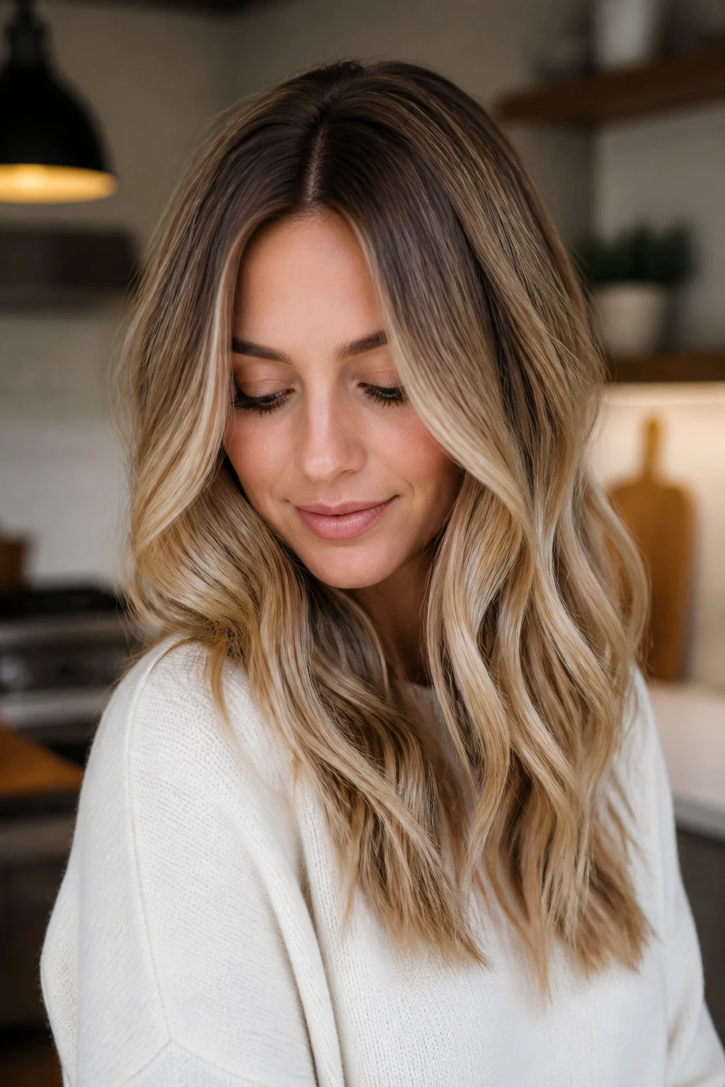 Toasted coconut blonde hair with dark roots and beige ends on real person
