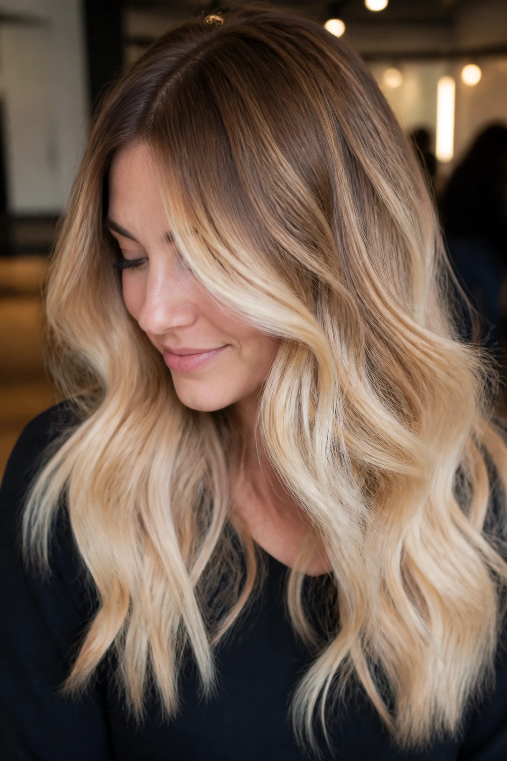 Close-up of a woman with toasted coconut blonde hair and darker toasted root