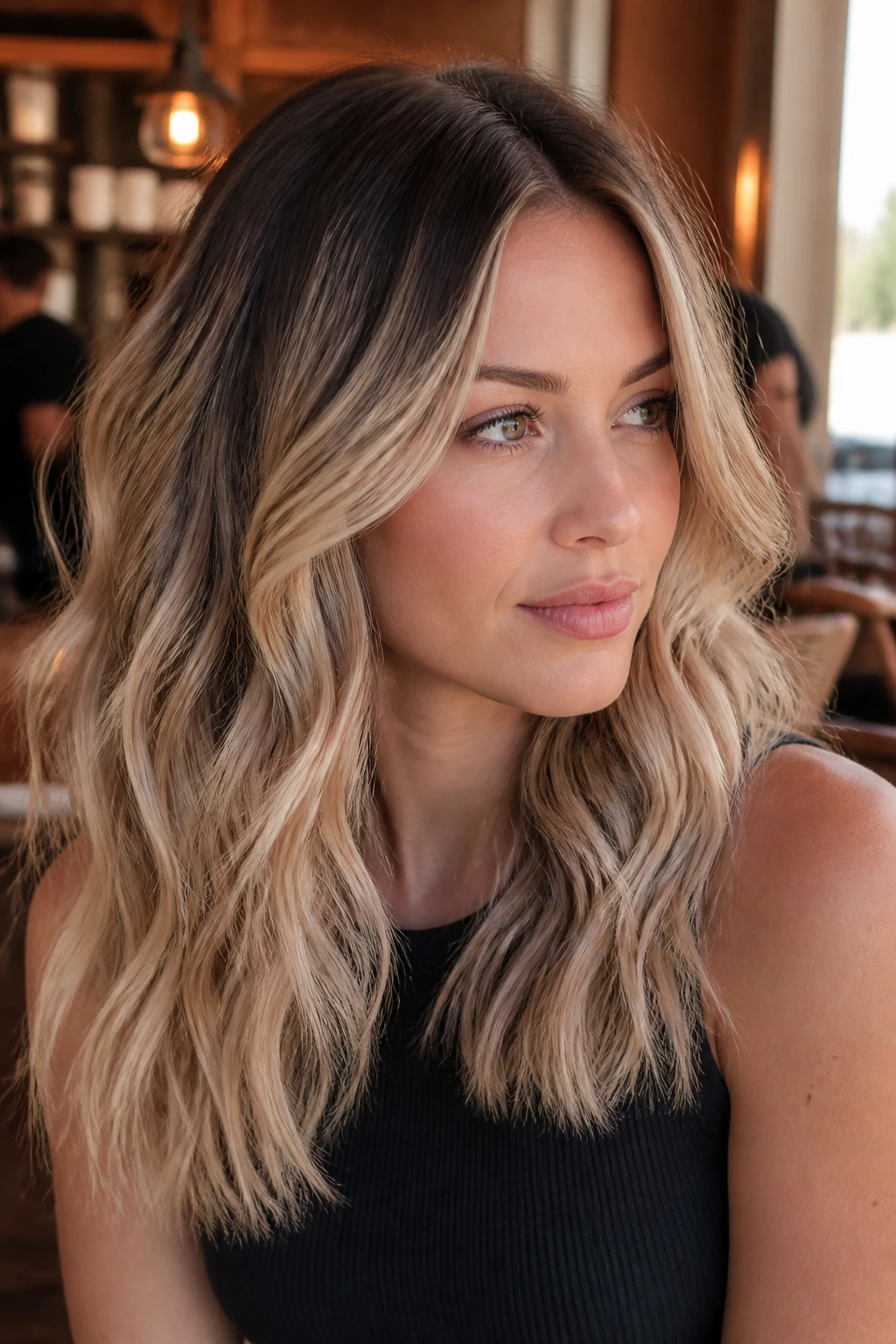 Close-up portrait of a real woman with toasted coconut blonde hair and warm root shadow.