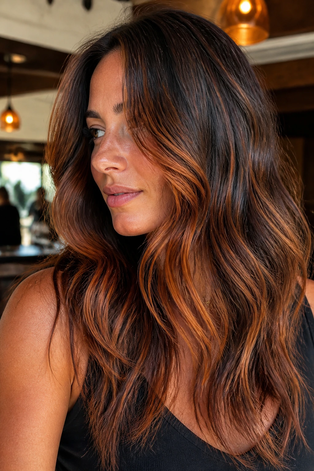 Real person with toasted copper balayage highlights around the face