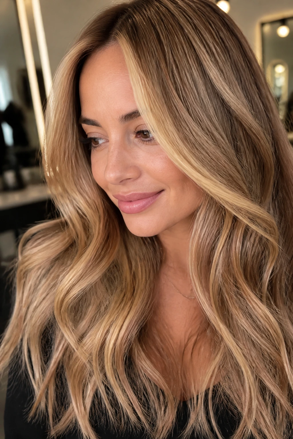Portrait of a real woman with toasted honey blonde hair in soft lighting at a warm-toned salon.