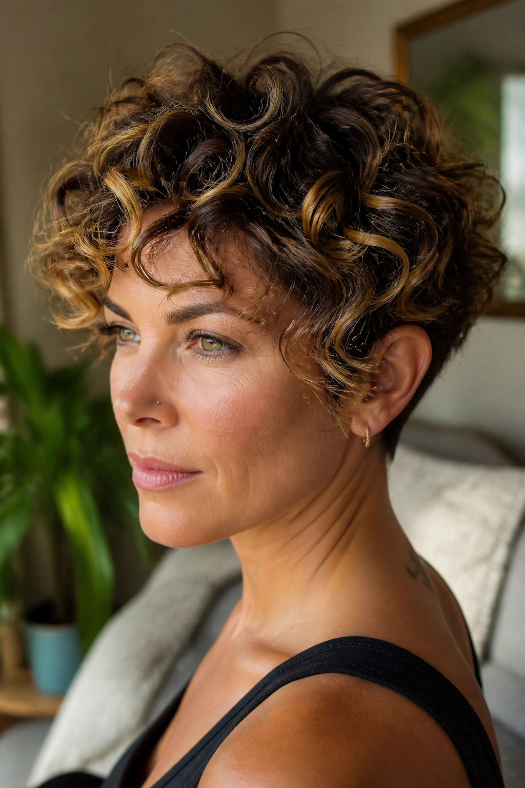 Curly crop with toasted honey highlights around the face and curls