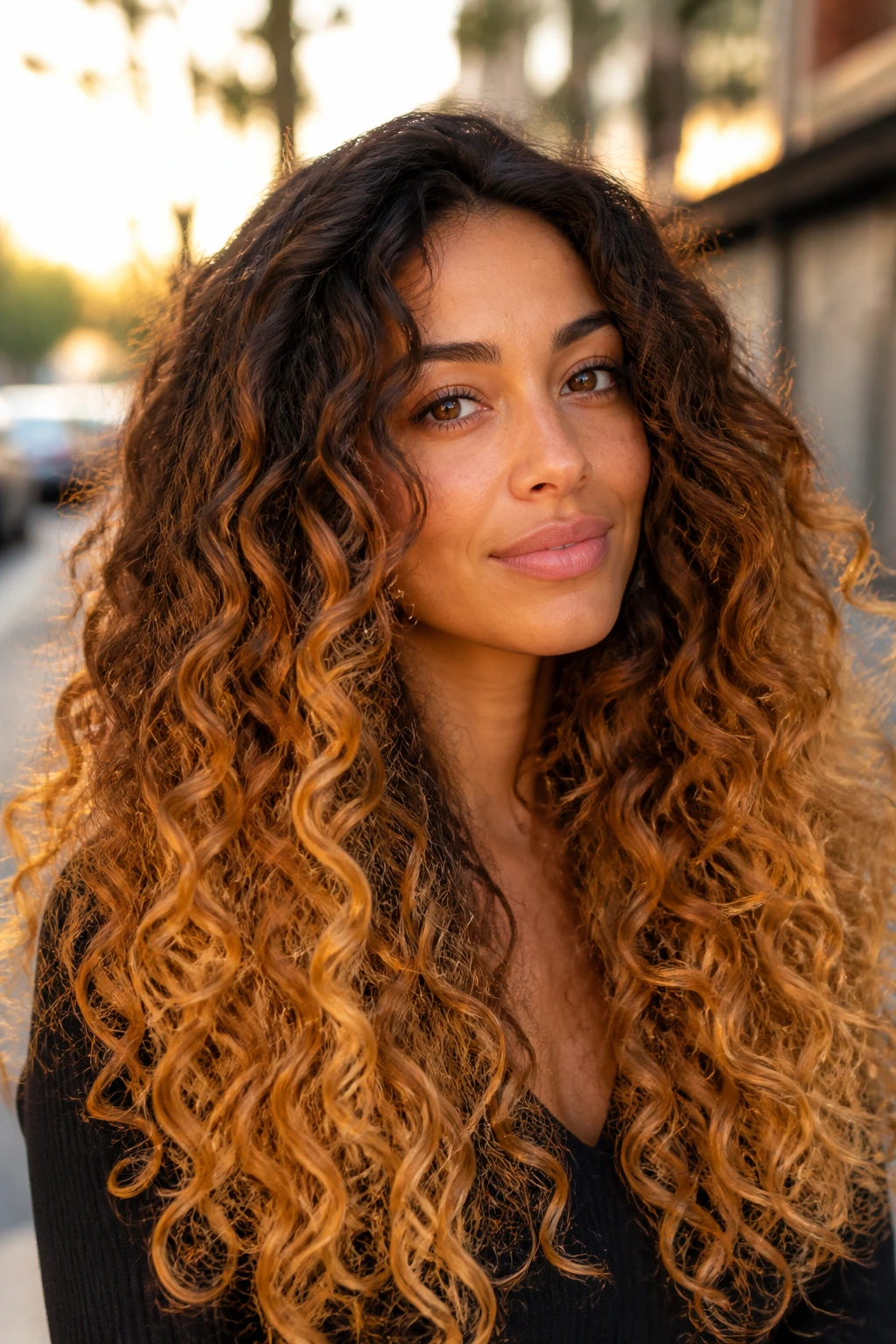 Close-up of long curls with toasted honey ombre in golden hour