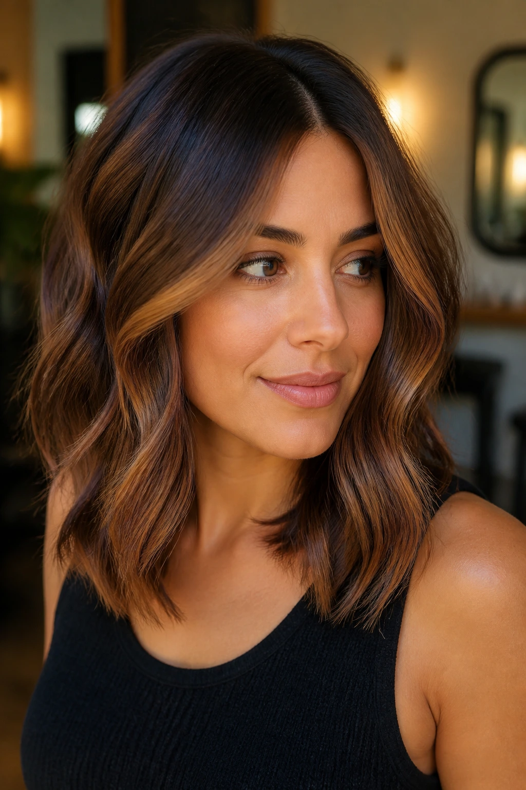 Real woman with toasted pecan brunette and warm ribbons around the face on medium-length hair.