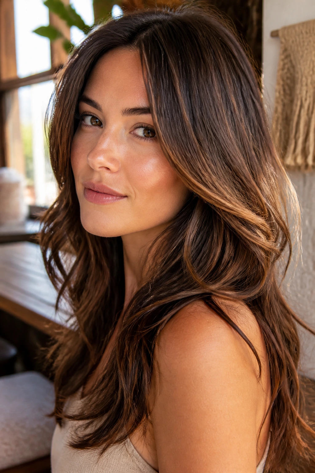 Close-up of a real woman with toasted pecan brunette hair in long layered style
