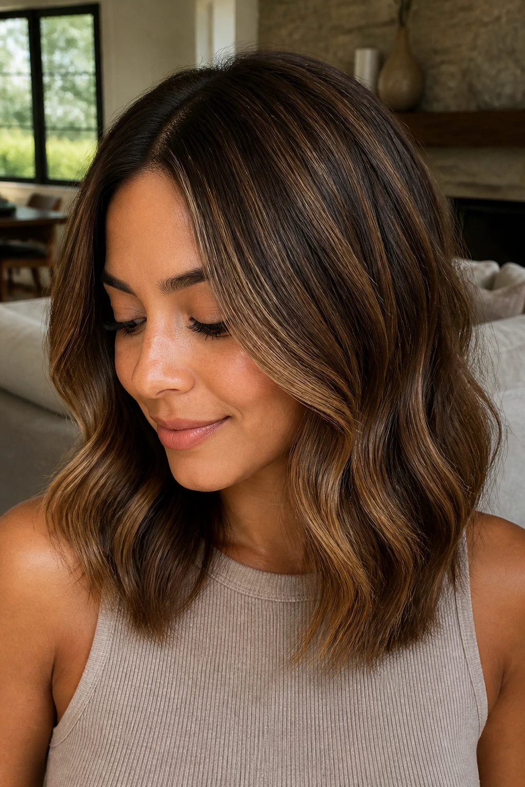 Close-up portrait of a real person with toasted pecan brunette hair in a sunlit living room.
