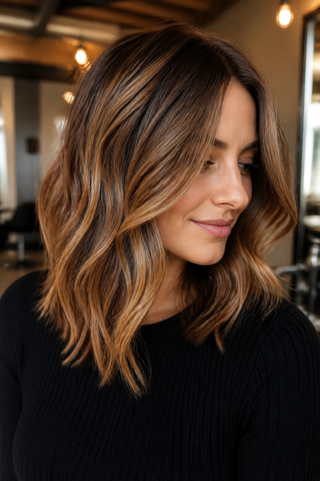 Close-up of medium-length hair with toasted toffee balayage
