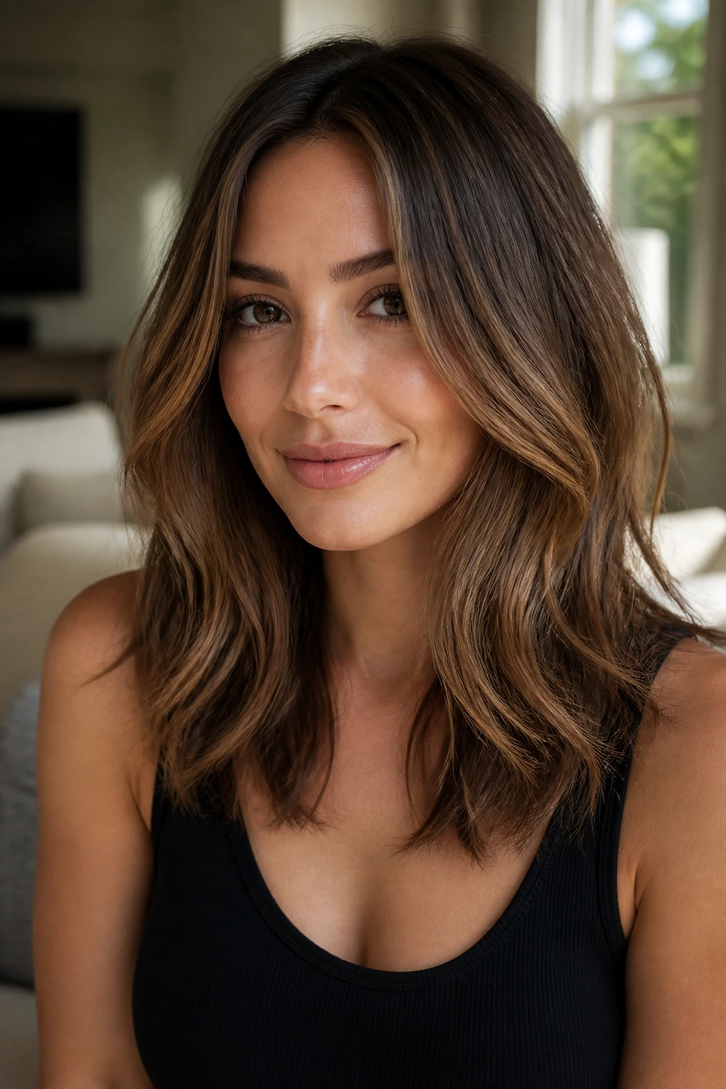 Close-up portrait of a real woman with toasted walnut brunette and long layers