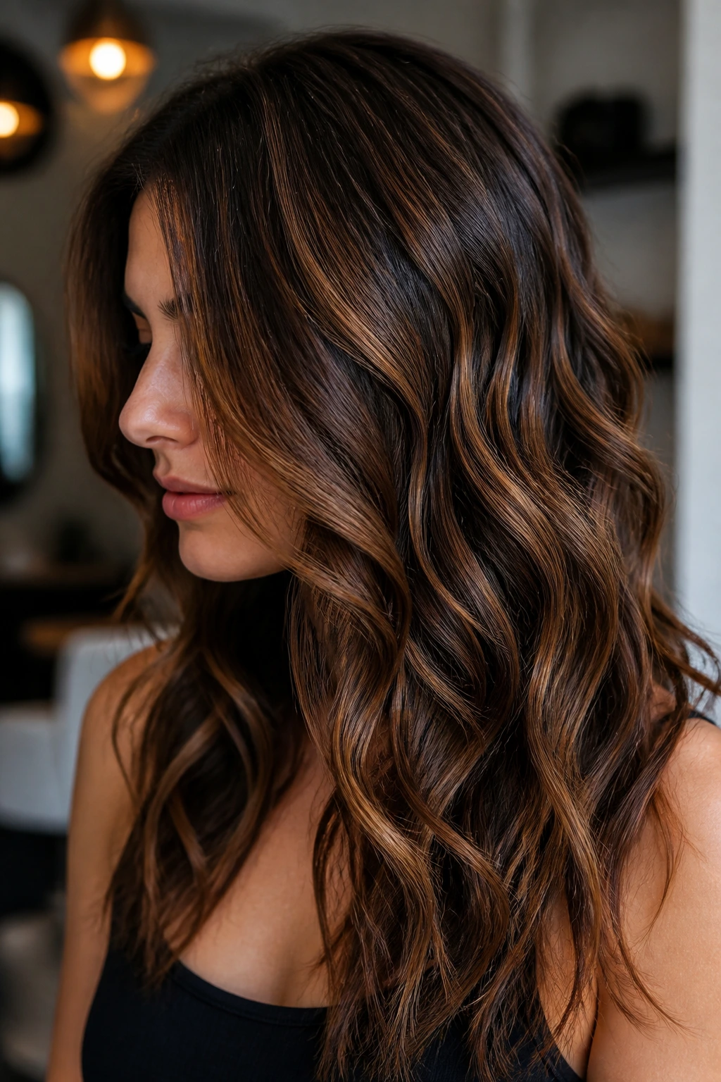 Real person with toasted walnut lowlights in wavy hair.