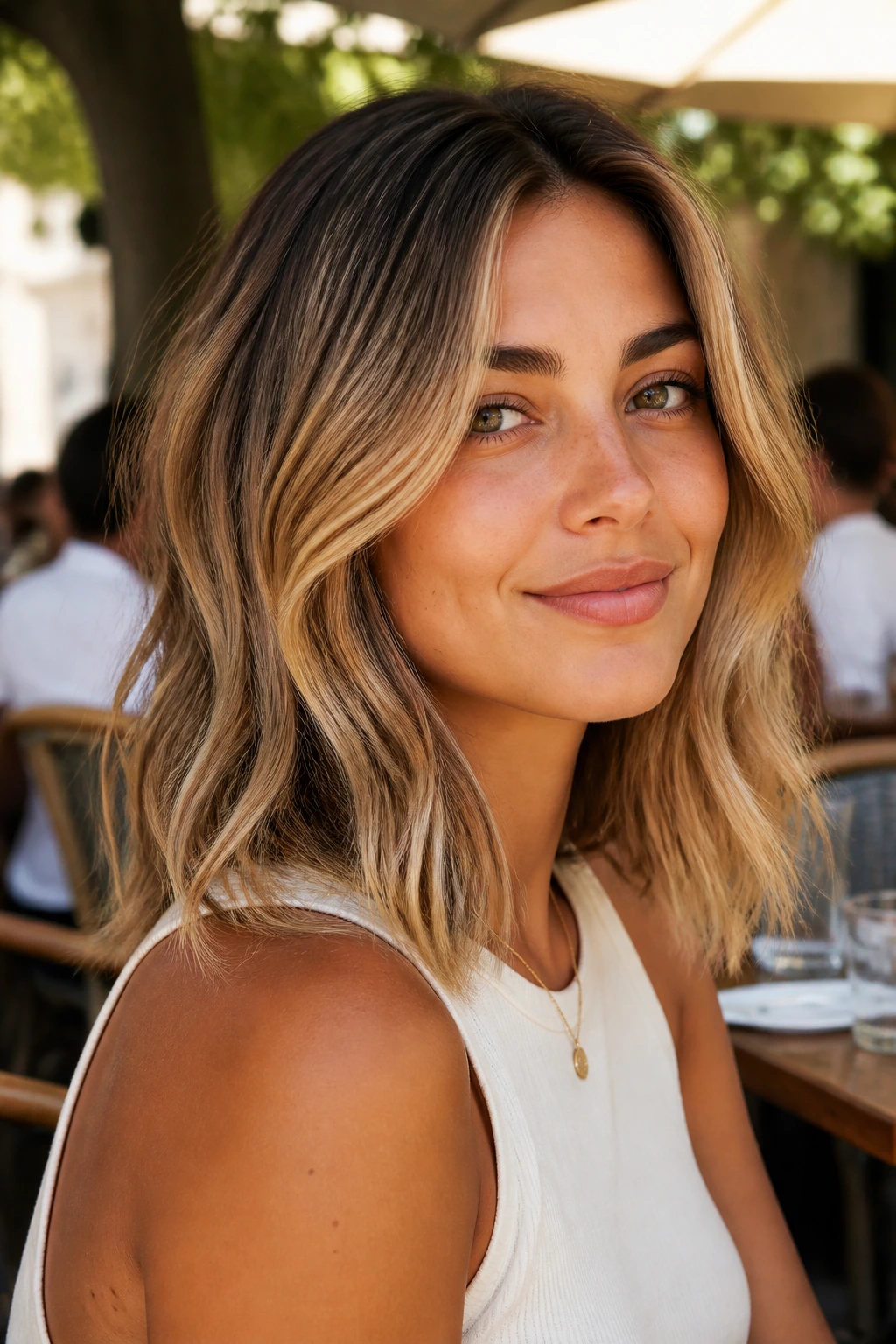 Close-up of a real woman with toasted wheat balayage hair in sunlight