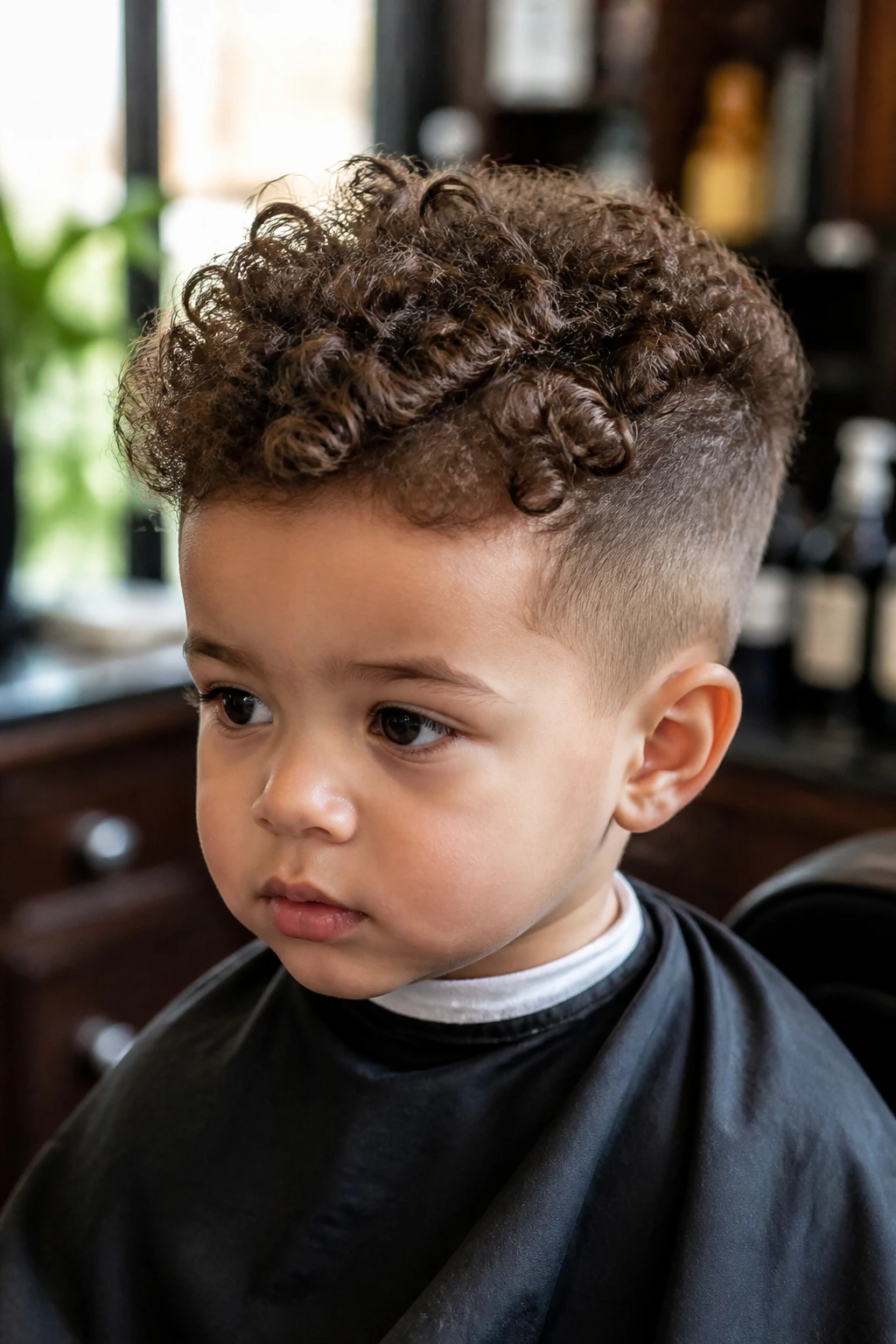 Close-up of a toddler boy with longer crown curls and tapered sides in a barber chair