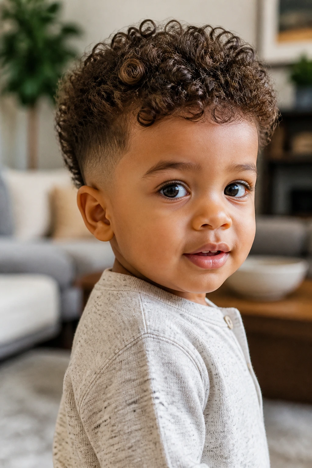 Toddler boy with defined curls and soft edges in a cozy home setting