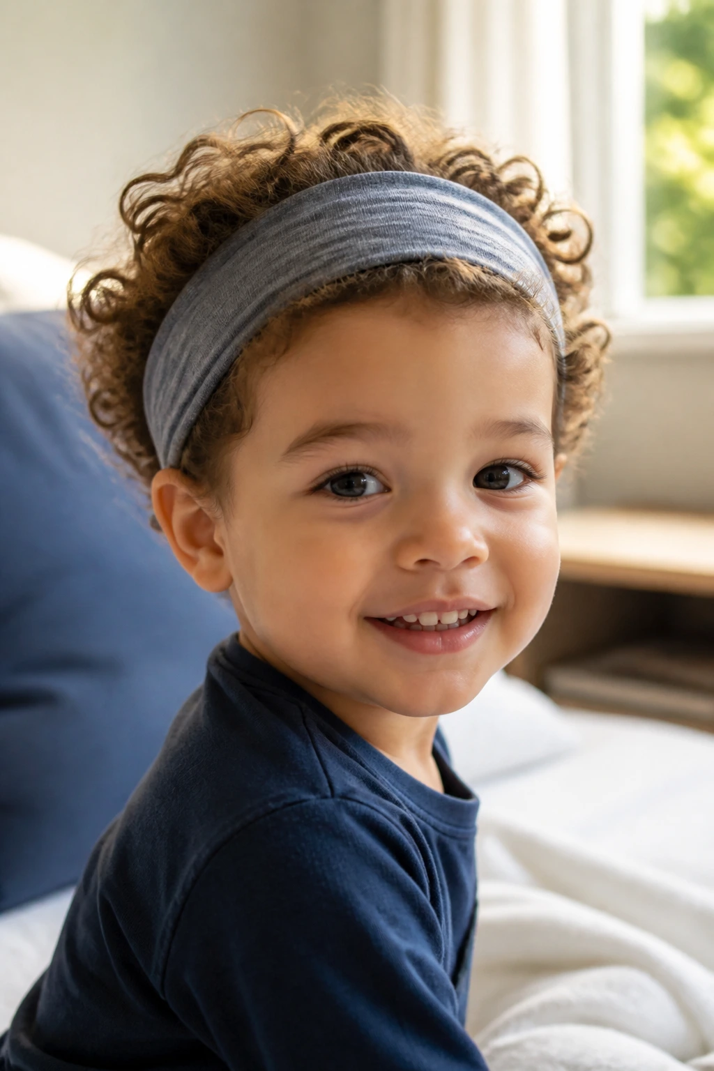 Close-up of a toddler boy with curly hair held back by a soft fabric headband