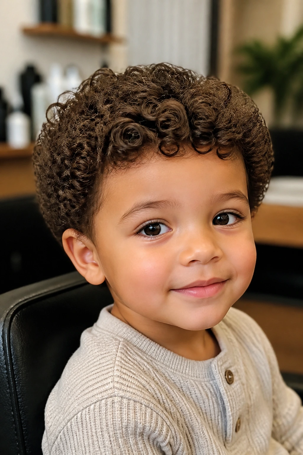 Toddler boy with rounded curly cut and soft edges in a home setting
